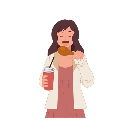 Woman enjoy eating fried chicken  Illustration