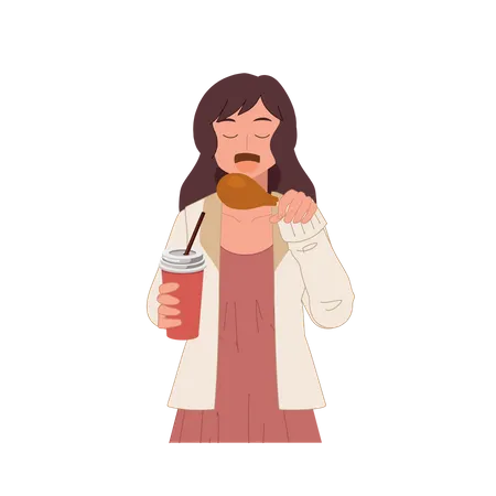 Woman enjoy eating fried chicken  Illustration