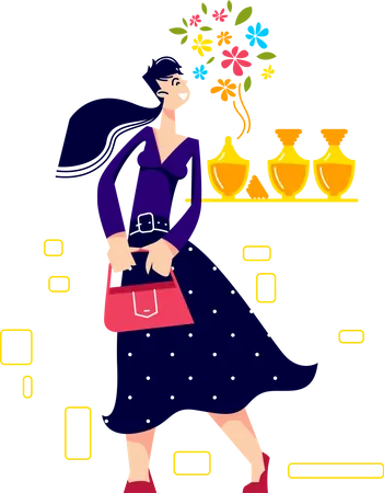 Woman Enjoy Scent In Perfumery Store Smelling Flower Perfume In Fashion Boutique Glamorous Female Choosing New Perfume Cartoon Vector Illustration Illustration