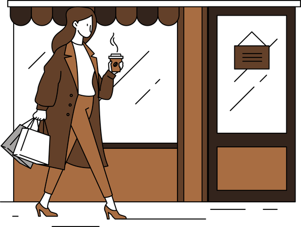 Woman enjoy shopping while having coffee  イラスト