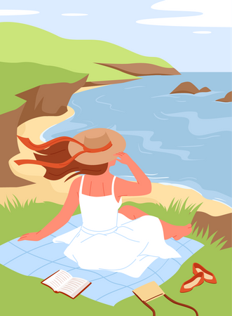 Woman enjoy sitting on a cliff  Illustration