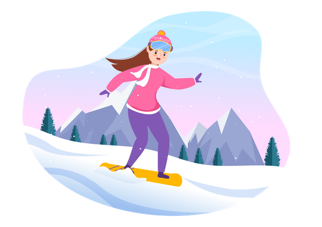 Woman enjoy snow surfboarding  Illustration