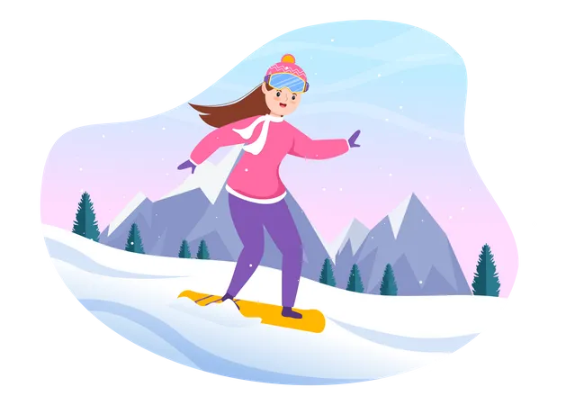 Woman enjoy snow surfboarding  Illustration