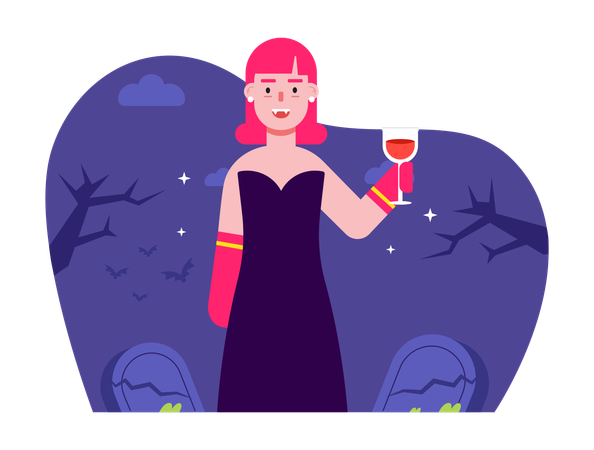 Woman enjoying a drink at Halloween party  Illustration