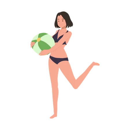 Beach Activity Concept Woman Enjoying Beachball Game Joyful Woman Playing With Beachball Illustration