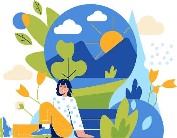 Woman enjoying clean nature due to sustainable living  Illustration