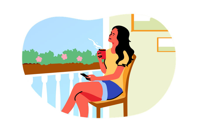 Woman enjoying coffee outside balcony  イラスト