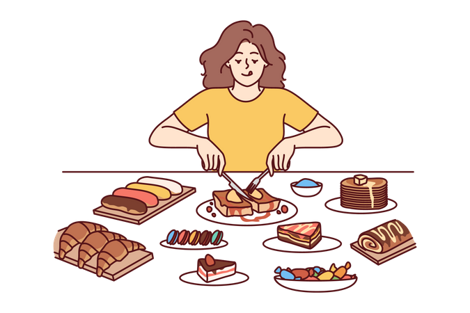 Woman enjoying delicious cakes  Illustration