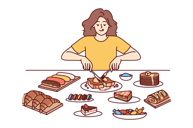 Woman enjoying delicious cakes  Illustration