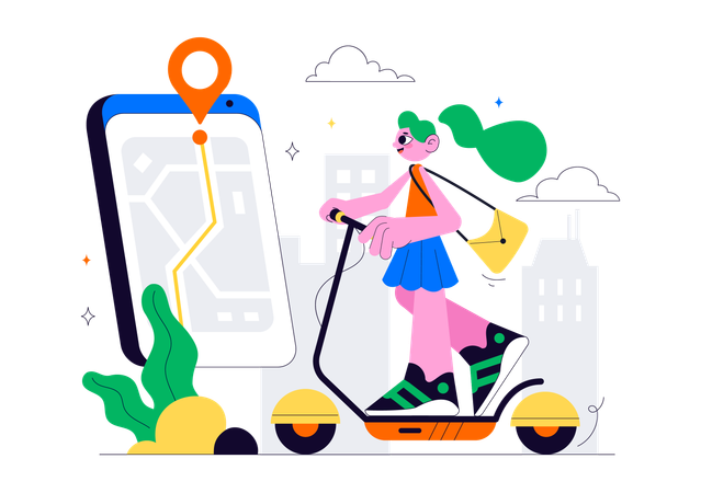 Woman enjoying Electric Scooter Rental Service  Illustration