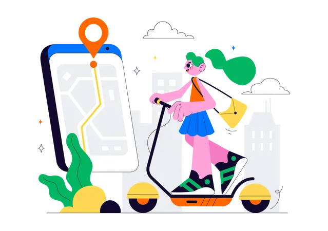 Woman enjoying Electric Scooter Rental Service  Illustration