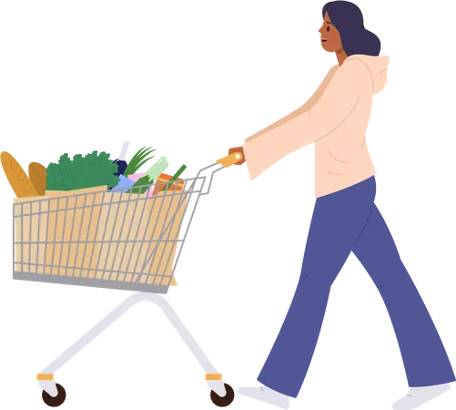 Young Woman Character Enjoying Grocery Shopping Pushing Supermarket Trolley Cart Full Of Food Product Vector Illustration Isolated On White Background Consumerism And Retail Purchases Concept Illustration