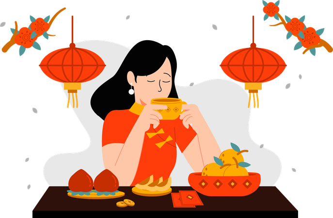 Woman enjoying her drink  Illustration