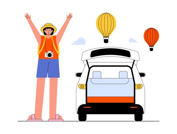 Woman enjoying hot air balloon adventure  Illustration