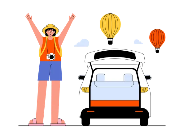 Woman enjoying hot air balloon adventure  Illustration