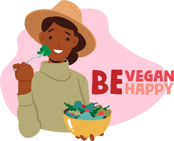Health Conscious Vegan Woman Enjoys A Salad Savoring Medley Of Fresh Greens Colorful Veggies And Cruelty Free Plant Based Toppings For A Guilt Free And Nutritious Meal Cartoon Vector Illustration Illustration