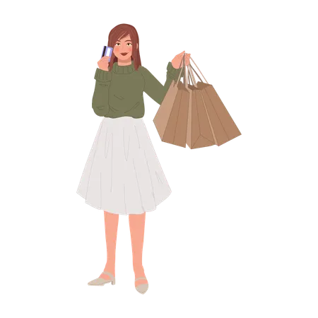 Full Length Beautiful Shopper With Shopping Bags Happy Woman Using Credit Card For Trendy Purchases Illustration