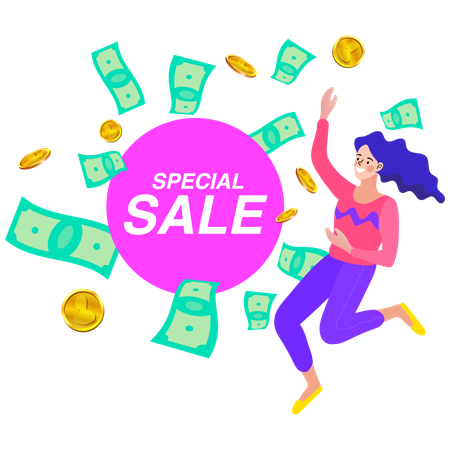 Woman enjoying sale shopping from website  Illustration