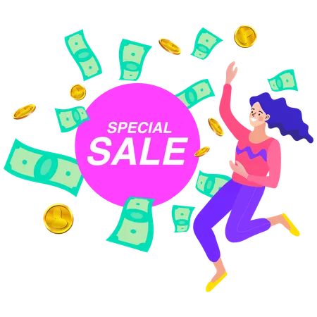 Woman enjoying sale shopping from website  Illustration