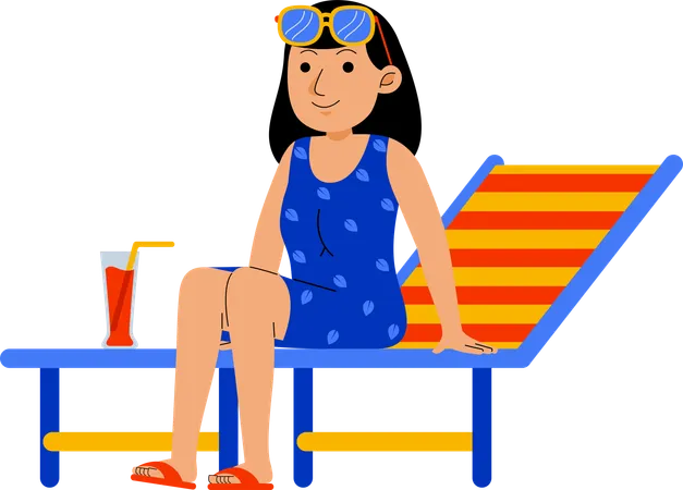 Woman Enjoying Sitting At Beach Illustration