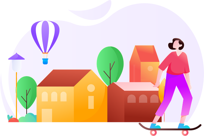 Woman enjoying skateboarding in garden  Illustration