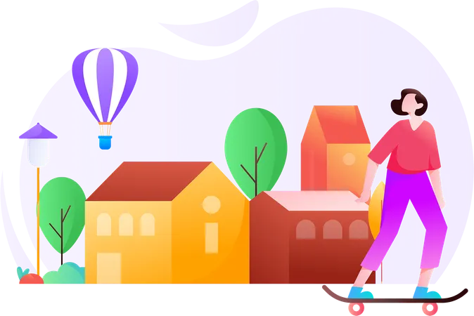 Woman enjoying skateboarding in garden  Illustration
