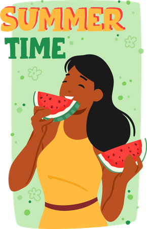 Woman Enjoying Slice Of Juicy Watermelon On Summer Day  일러스트레이션