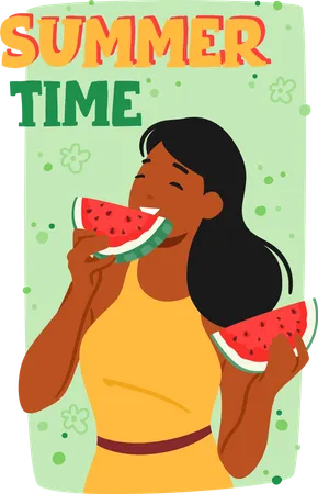 Summer Time Poster With Woman Enjoying A Slice Of Juicy Watermelon On A Hot Day Female Character Smile Reflects The Refreshing Sweetness Of The Fruit Every Bite Cartoon People Vector Illustration Illustration