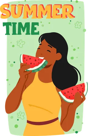 Woman Enjoying Slice Of Juicy Watermelon On Summer Day  Illustration