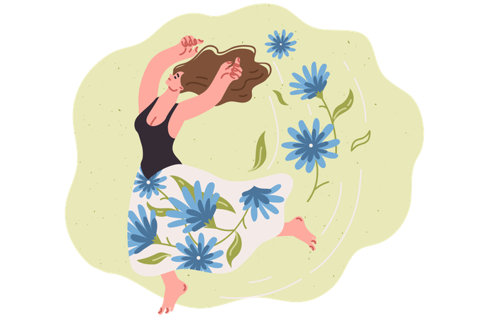 Woman enjoying smell of plants and warm weather  Illustration