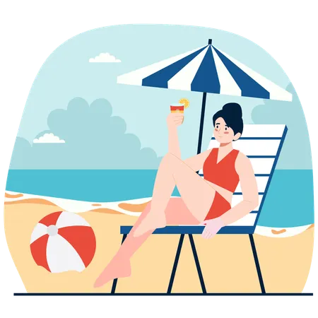 Woman enjoying sun bath at beach  Illustration
