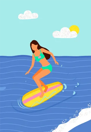 Woman Surfboarder Riding On Board In Blue Sea Or Ocean Waters Cartoon Character Rest On Summer Resort Vector Beach Activities Female On Surfboard Surfers Illustration