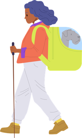 Woman  enjoying trekking time with her pet carrying dog in safety backpack  Illustration