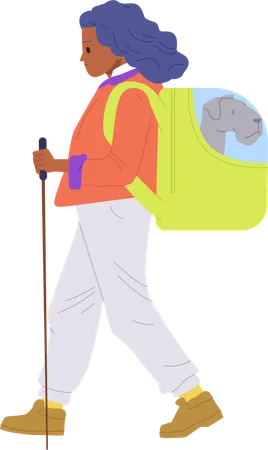 Woman  enjoying trekking time with her pet carrying dog in safety backpack  Illustration