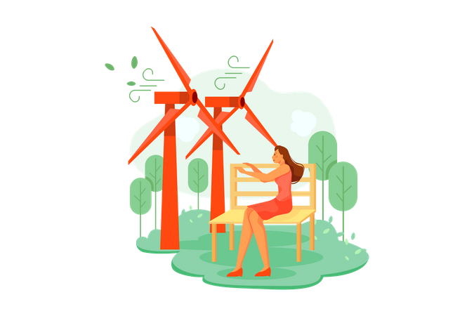 Woman enjoying wind at windfarm  Illustration