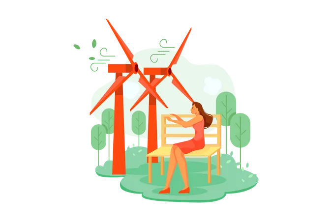 Woman enjoying wind at windfarm  Illustration