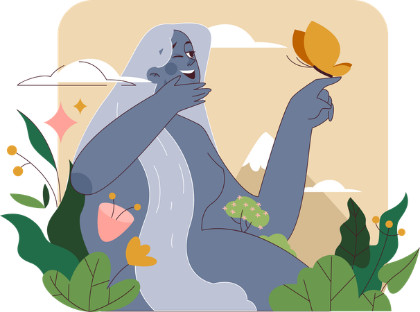 Woman enjoying with butterfly in park  Illustration