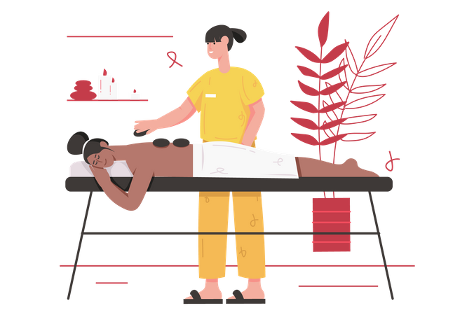 Woman enjoys back massage while lying on couch  Illustration