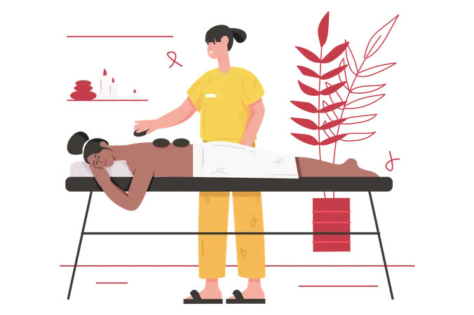 Woman enjoys back massage while lying on couch  Illustration