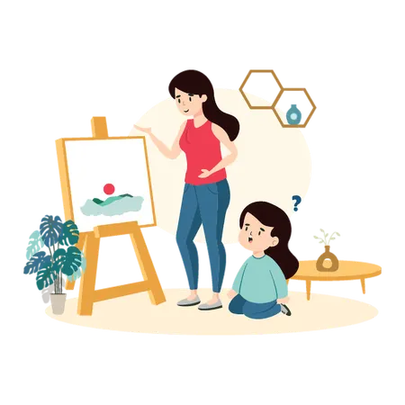 女性が初めてのキャンバスワンダーを楽しむ  イラスト