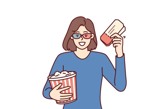 Woman With Popcorn And Tickets For Cinema Invites To Visit Interesting New Blockbuster This Weekend Happy Girl In 3 D Cinema Glasses Rejoice At Opportunity To Watch New Film With Special Effects Illustration