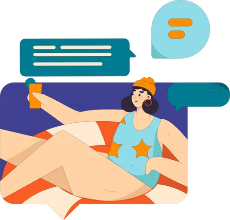 Woman enjoys her swimming while chatting online  Illustration