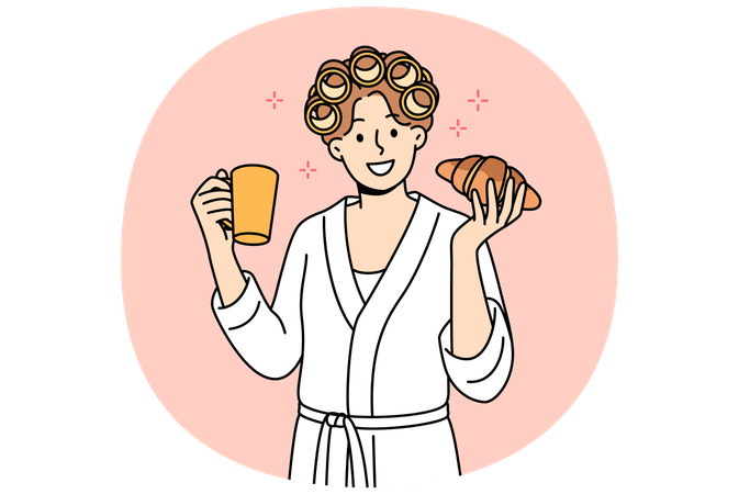 Woman enjoys morning breakfast of fresh croissant and cup coffee  Illustration