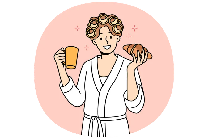 Woman enjoys morning breakfast of fresh croissant and cup coffee  Illustration