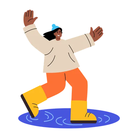 Woman enjoys Puddle in rain  Illustration