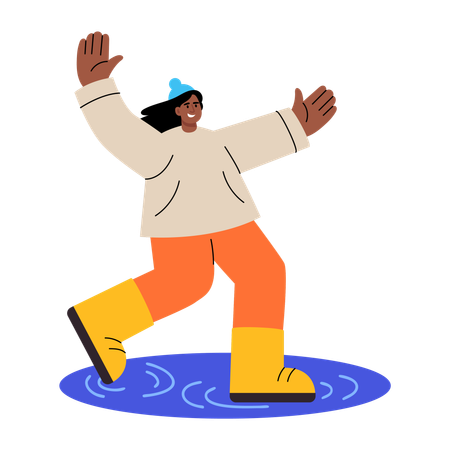 Woman enjoys Puddle in rain  Illustration