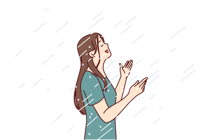 Woman enjoys rain  イラスト