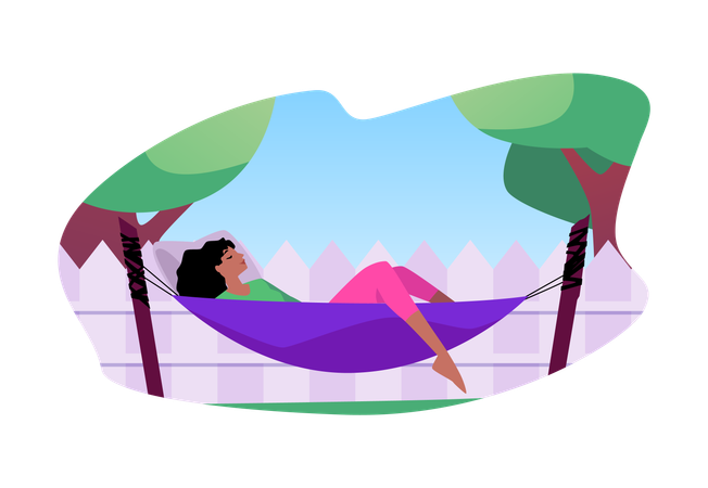 Woman enjoys relaxing in a hammock in her backyard  Illustration