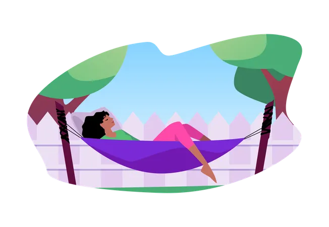 Woman enjoys relaxing in a hammock in her backyard  Illustration
