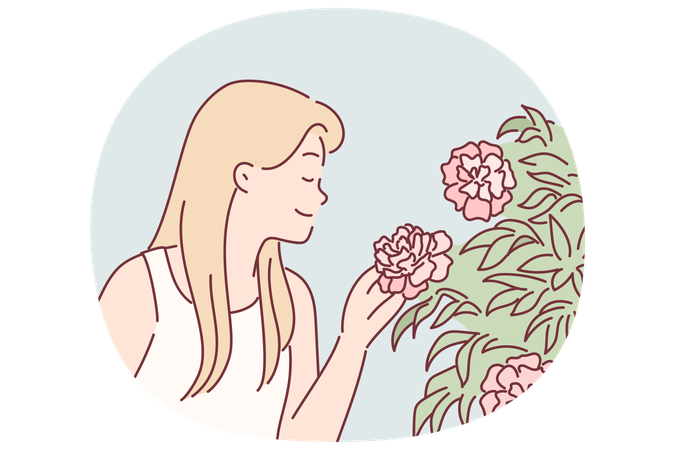 Woman enjoys scent of rose flowers by inhaling scent while walking in park or greenhouse  Illustration